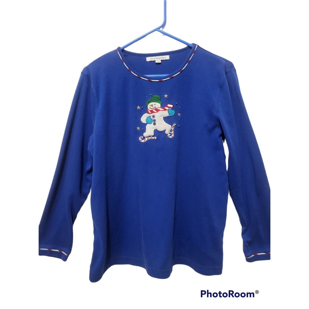 Womens LARGE Blue Skating Snowman Holiday Pullover Sweatshirt Top Long Sleeve